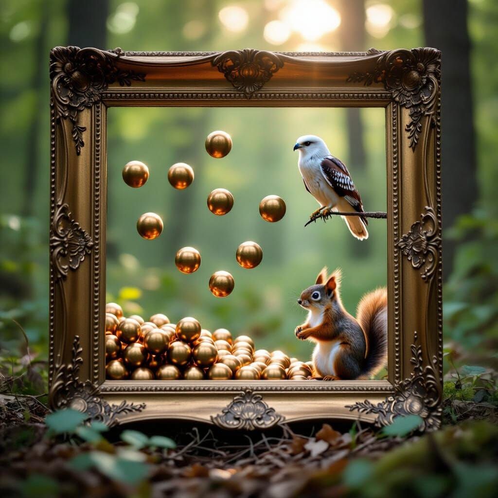 Bronze Spheres Spill From Antique Forest Frame