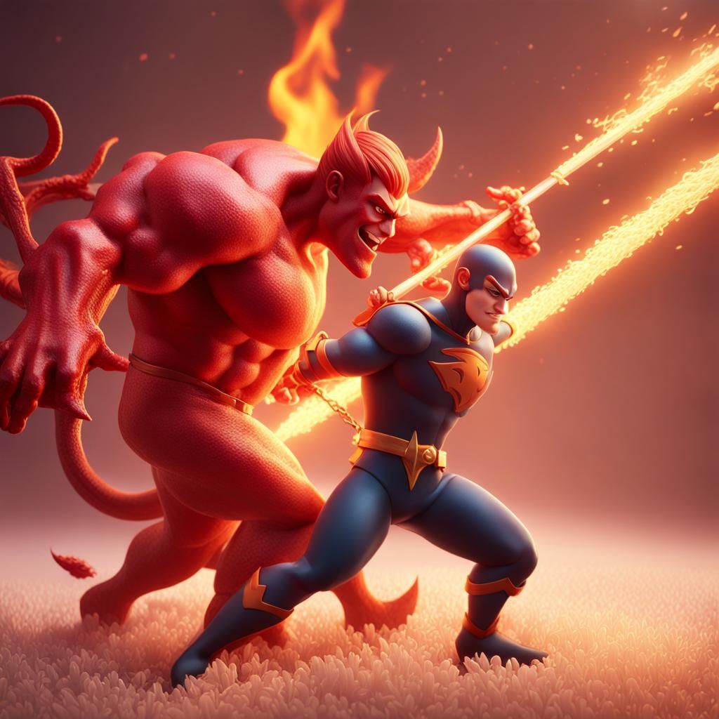 Rice Superhero Battles Devil in Fiery Landscape