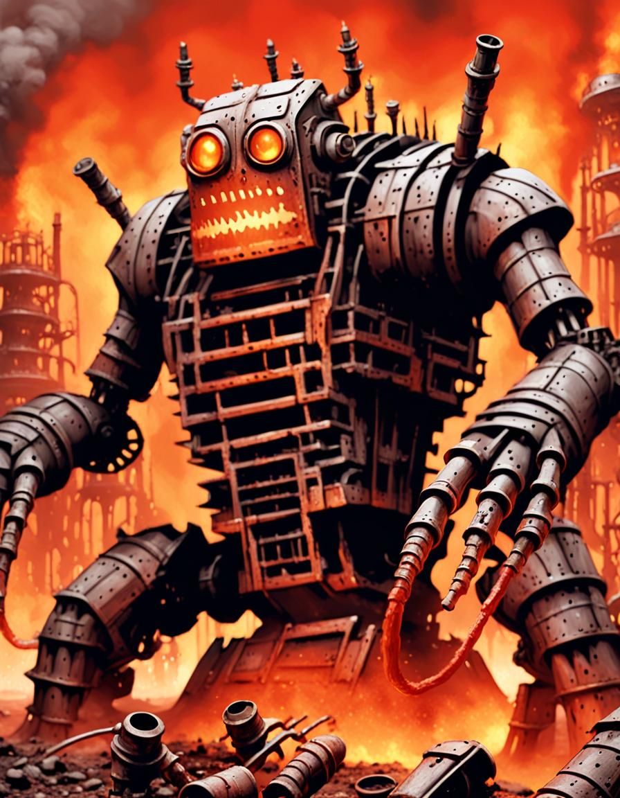 Infernal Pipe Robot in Smoky Wasteland: Digital Art