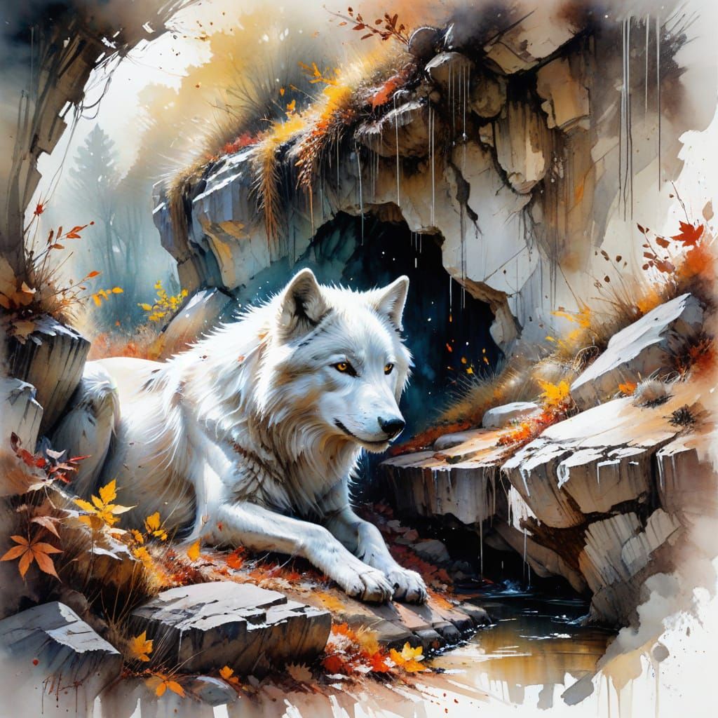White Wolf at Cave Entrance in Autumn Woods