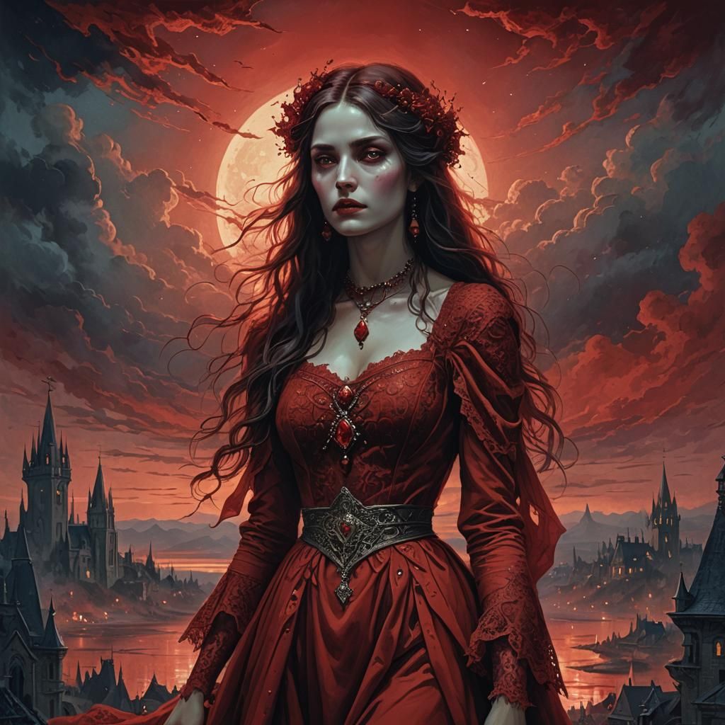 Red Vampire Woman in Medieval Horror Style