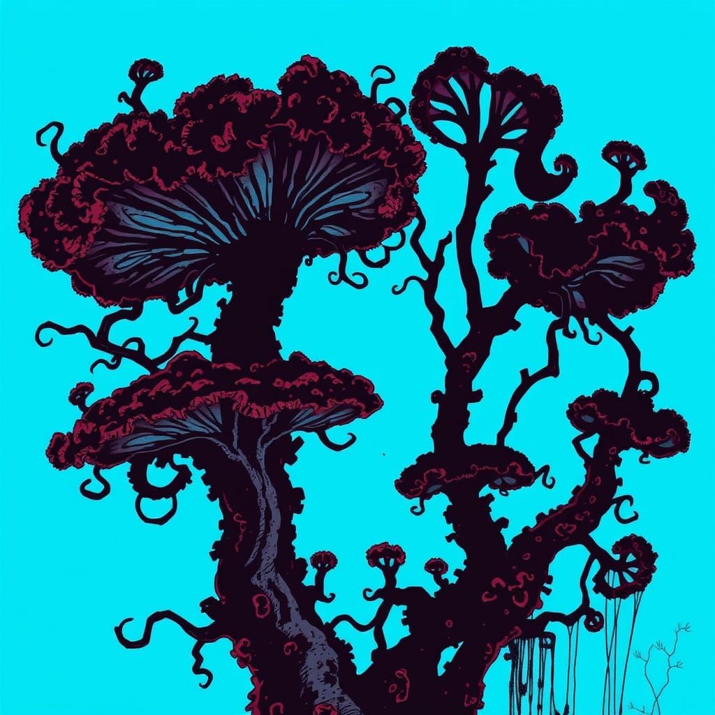 Fungus with Mycelium Tendrils in Electric Blue