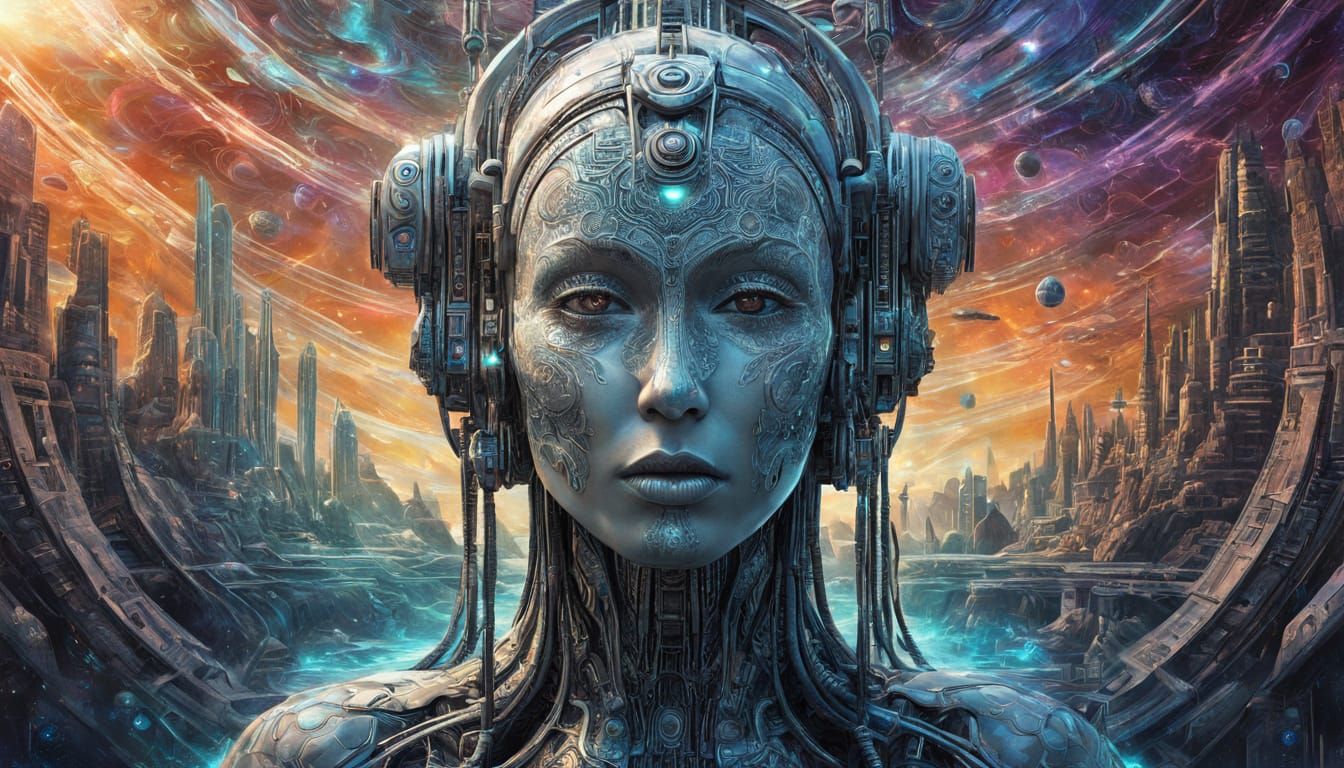 Cybernetic Woman Emerges from Mist in Steampunk Style