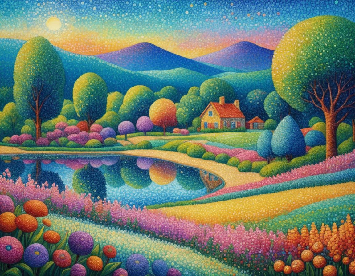 Whimsical Pointillism Landscape with Colorful Creatures