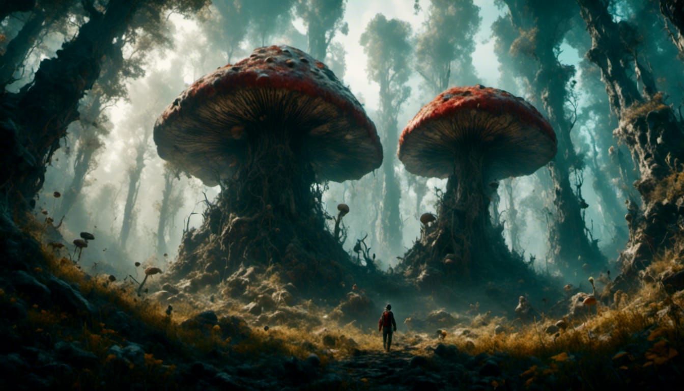 Giant Mushroom Humanoid in Enchanted Forest