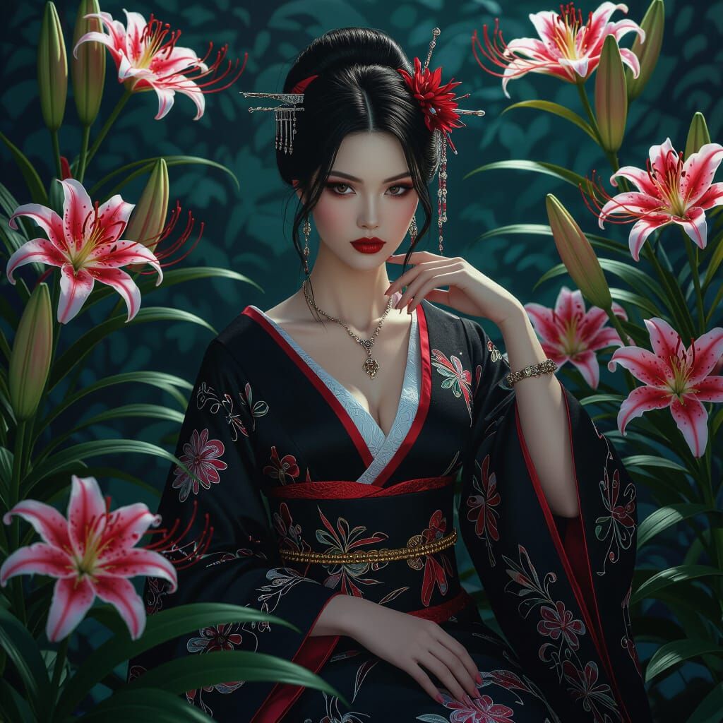 Gothic Woman with Geisha Clothing: Matte Painting Style