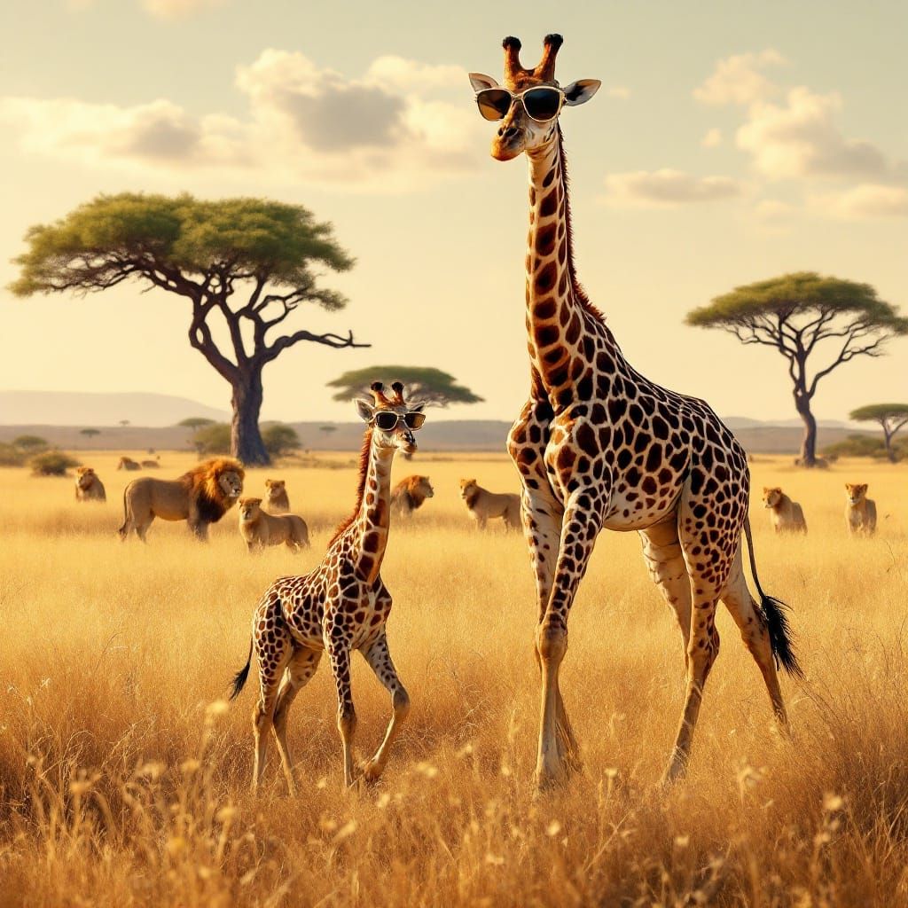 Giraffe Mother and Calf in Sunglasses on the Savanna