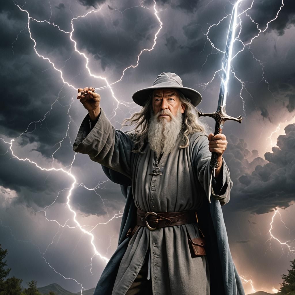 Gandalf with Sword in Lightning Storm
