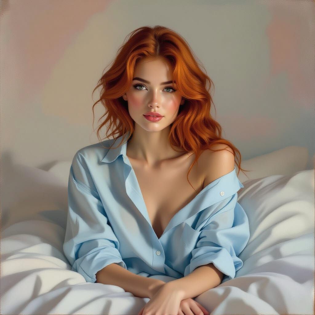 Serene Glamour: Red-Haired Woman in Blue Shirt