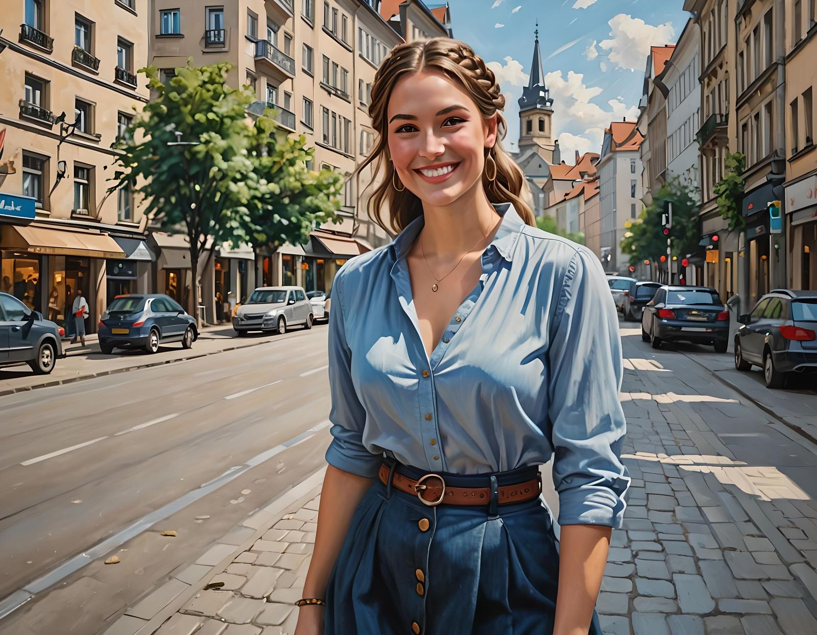 Elegant Woman in City Street, Oil Painting Style