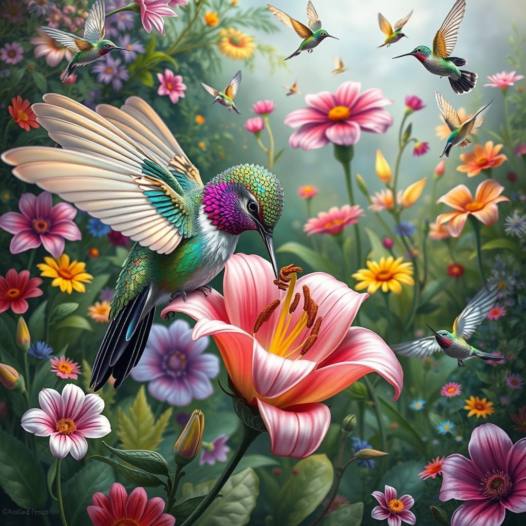 Hummingbird and Lily in Whimsical Garden