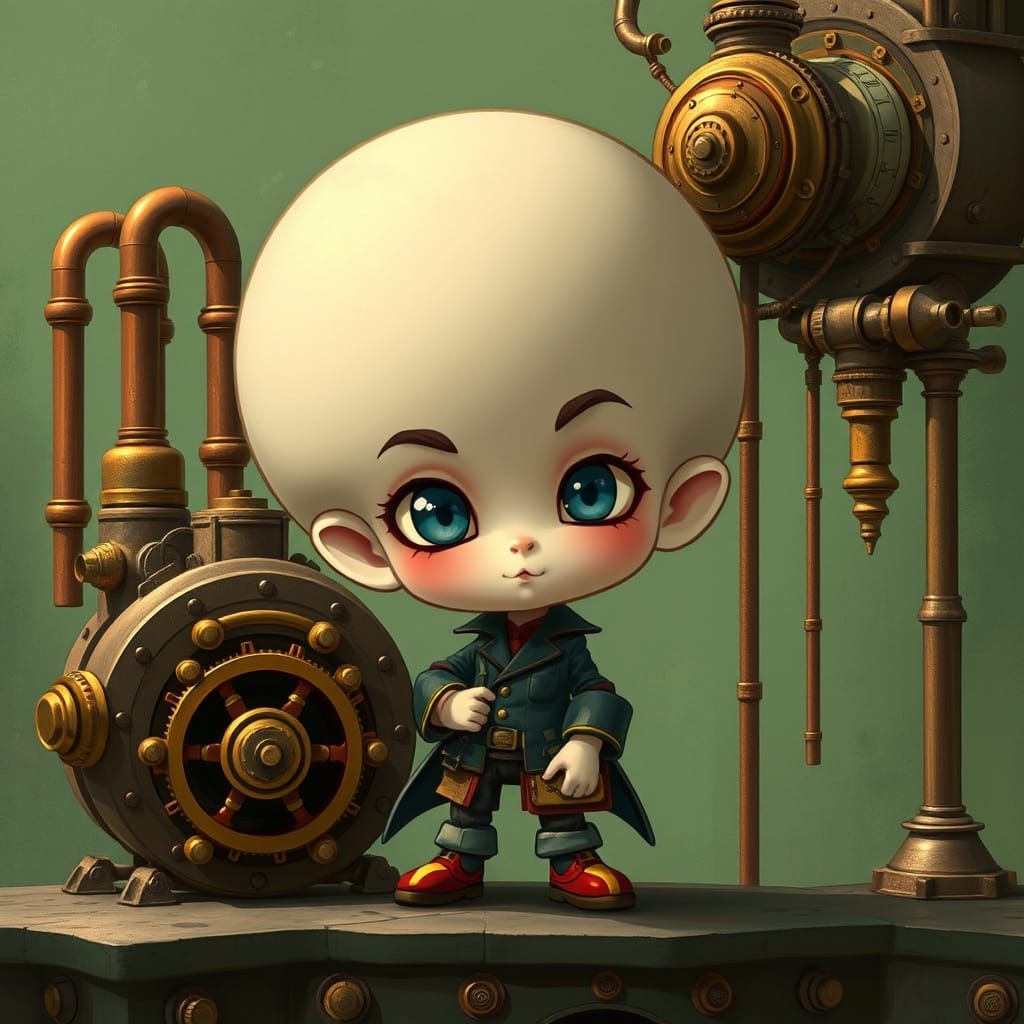 Steampunk Chibi Character in Whimsical Green Setting