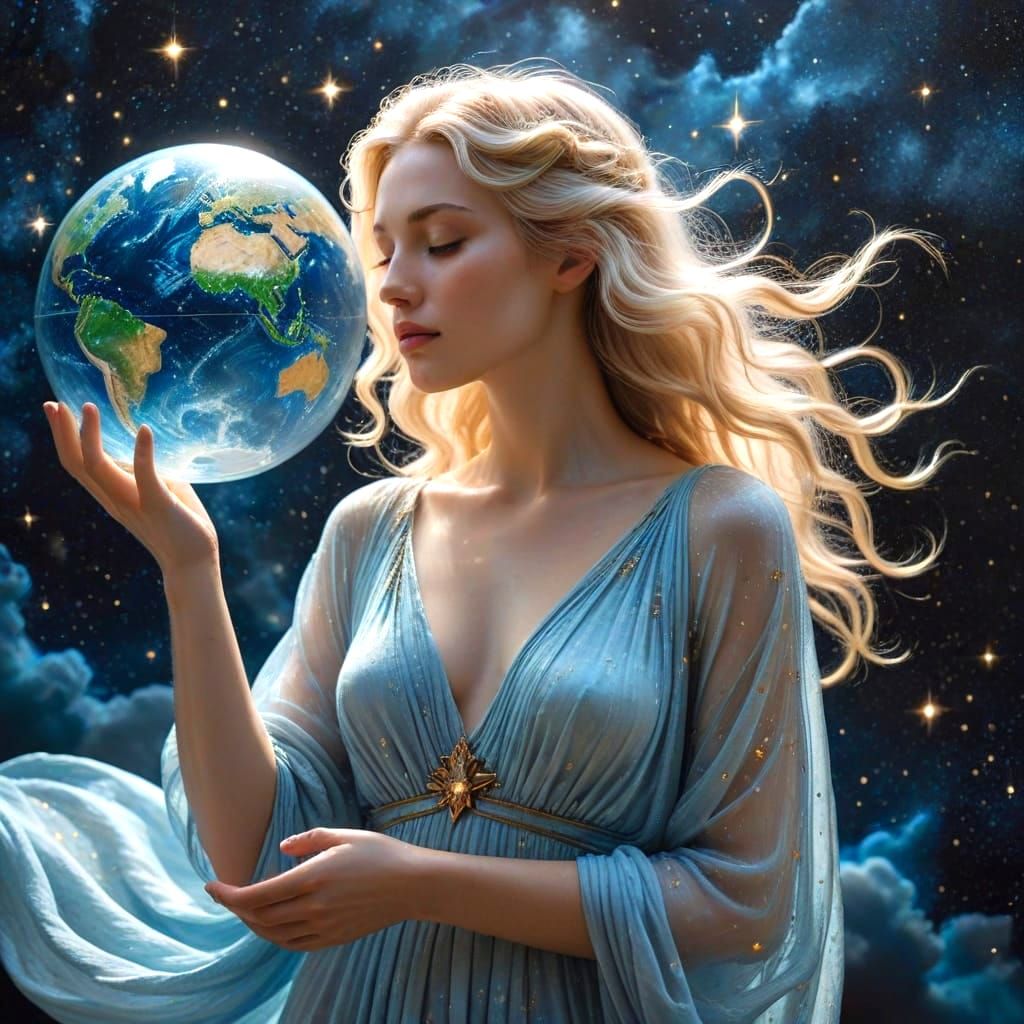 Celestial Woman Protects Glowing Earth
