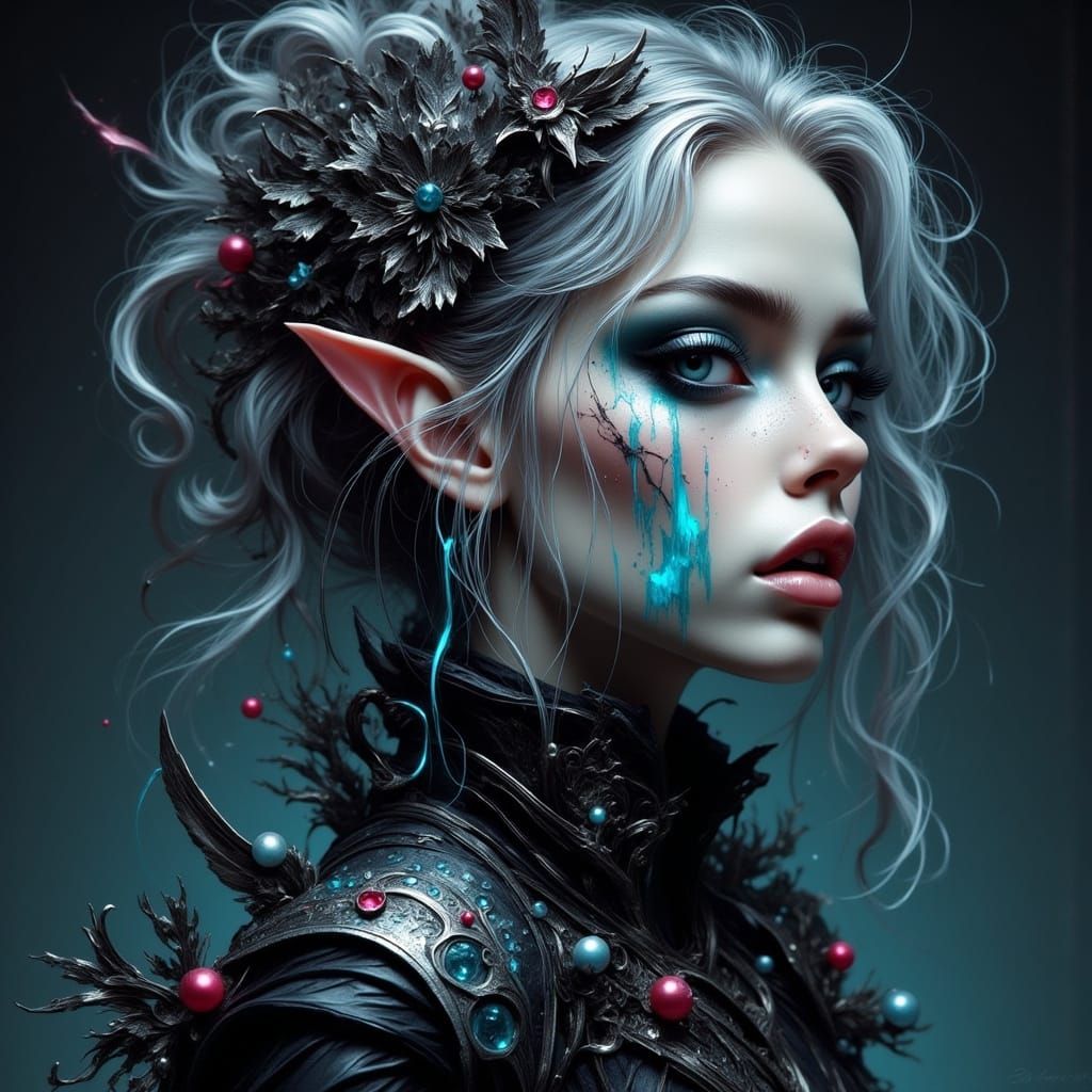 Neon Gothic Woman with Raven Wings and Magic Staff