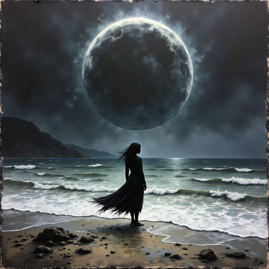 Woman at Stormy Sea Under Lunar Eclipse