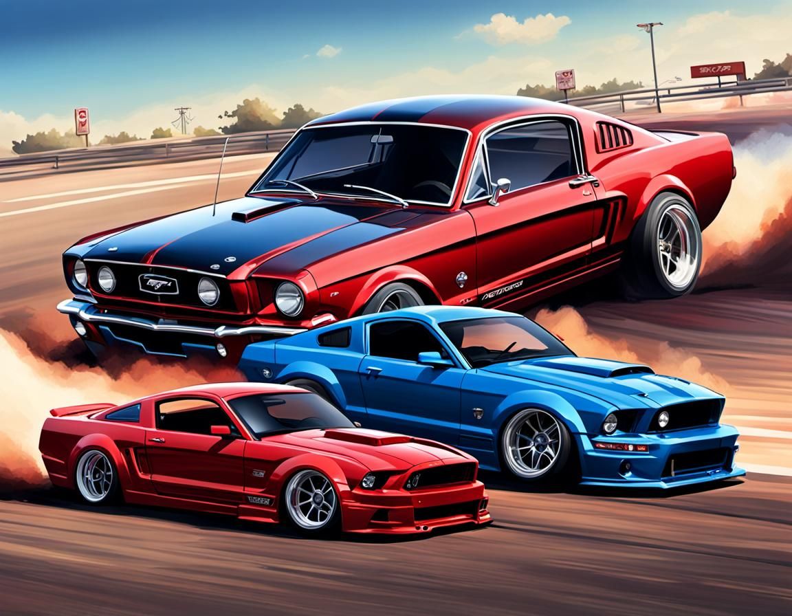 Ford Mustangs Street Racing: Hyperrealistic Splash Art