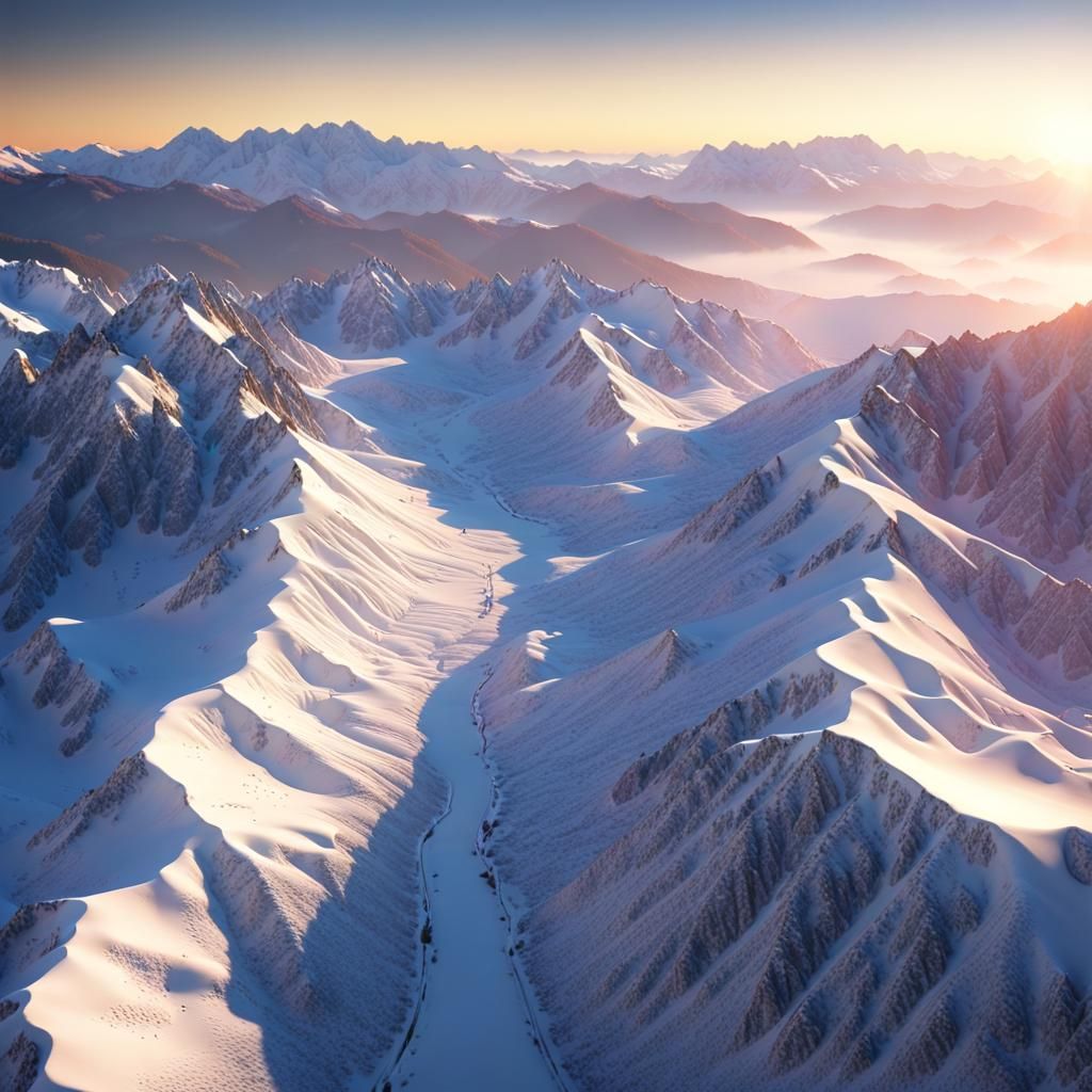 Sunrise Over Snowy River Valley: Hyperrealistic Aerial View