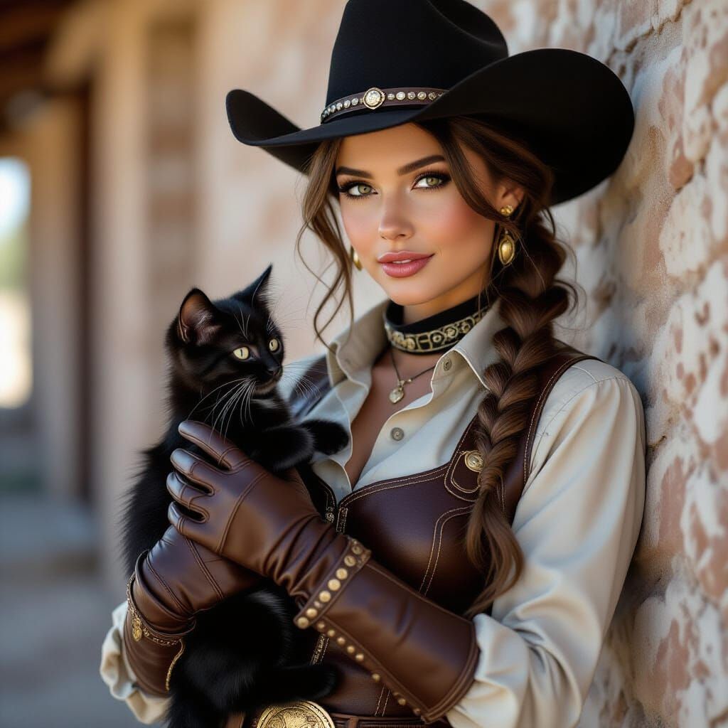 Gunslinger Girl Talking to Kitten: Photorealistic Art