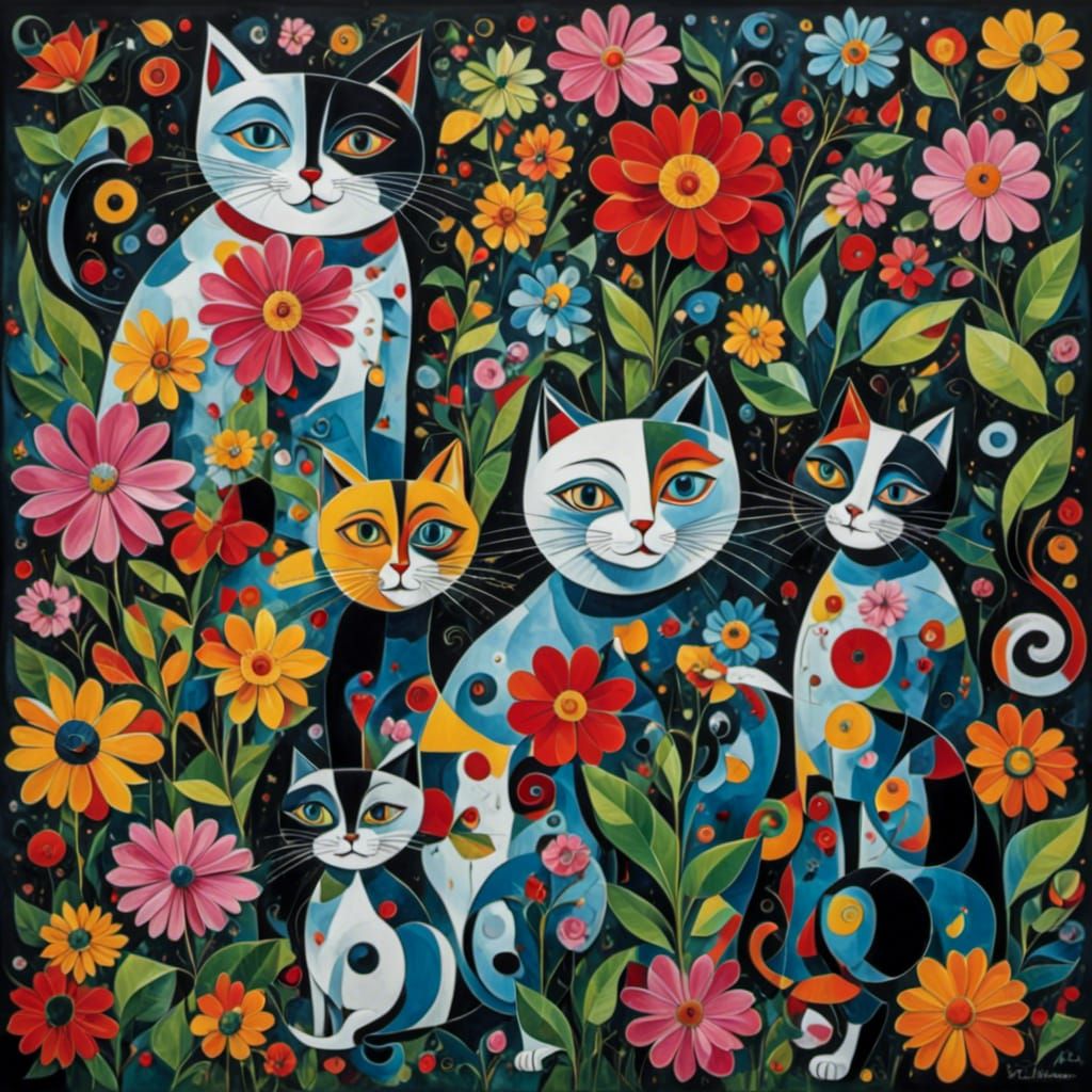 Whimsical Cats Dancing in Exotic Garden