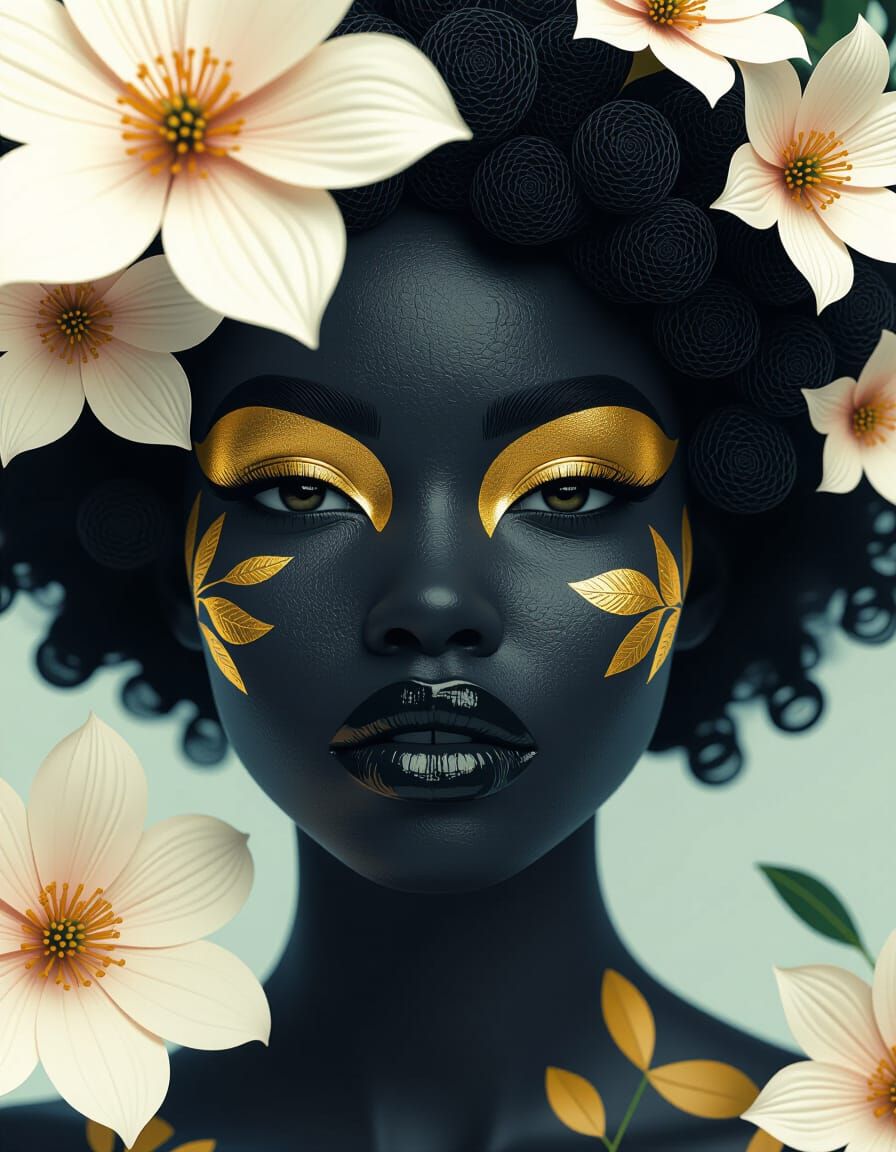Golden Afro-Futuristic Portrait in Flowerpunk Style