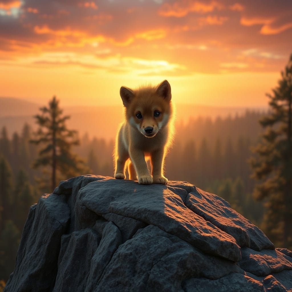 Wolf Pup Amidst Golden Amber Glow