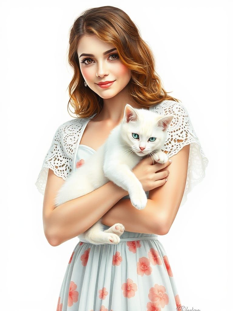 Woman with Cat: Watercolor Oil Painting in Realism Style