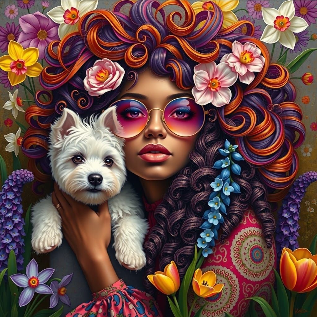 Psychedelic Hippie Woman with Terrier in Impasto Style