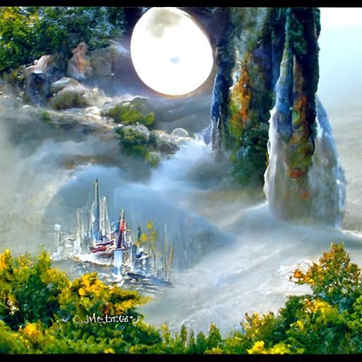 Ethereal Moonfall Fantasy Landscape in Mist