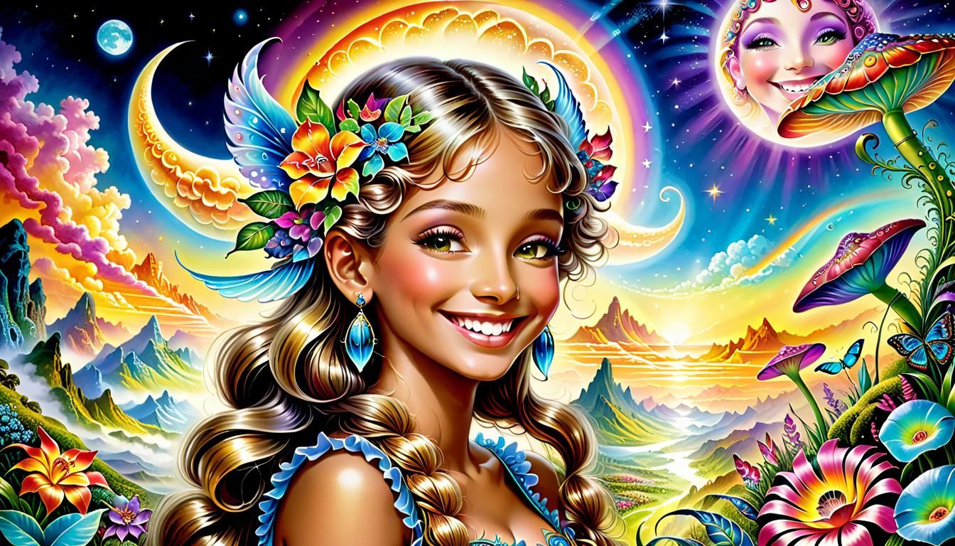 Dreamy Fantasy Landscape with Smiling Moon and Exotic Creatu...