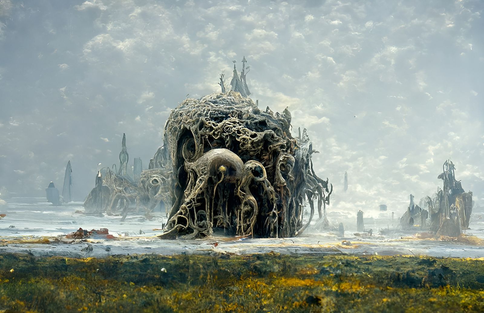 Lovecraftian cosmic horror landscape painting: tentacle tower