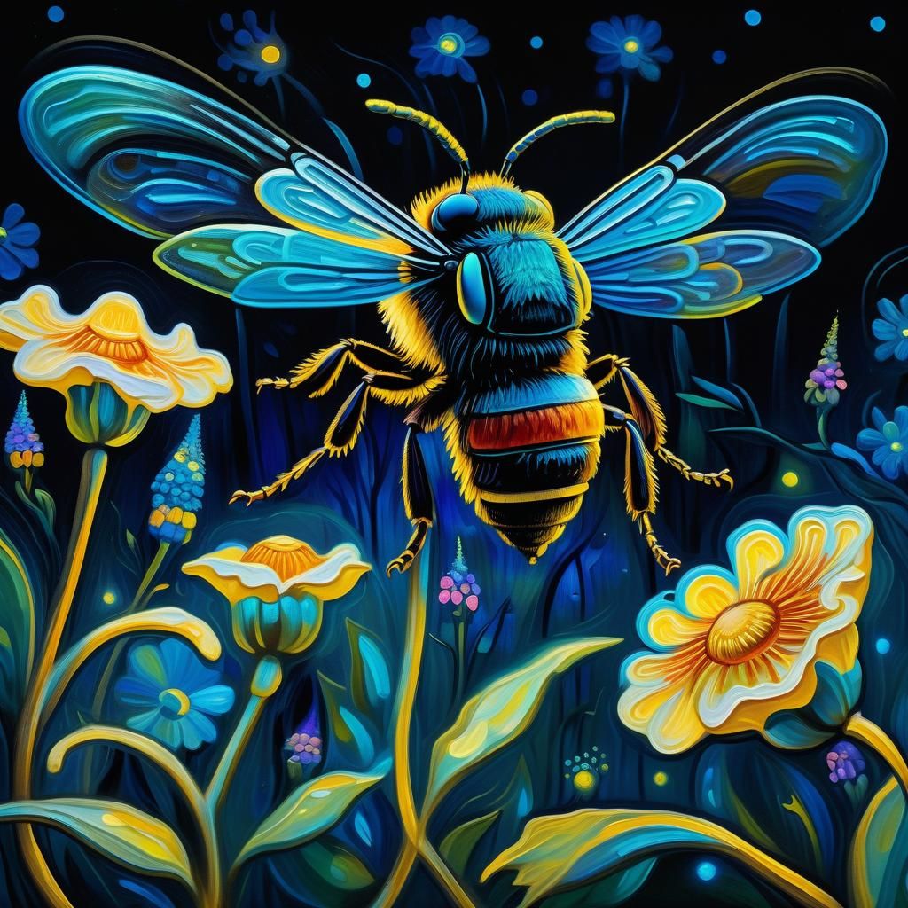A bioluminescent bee flying near beautiful flowers