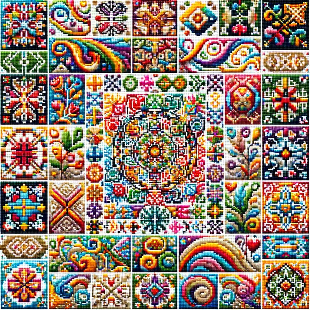 Pixelated Cross-Stitch Sampler in Vibrant Patchwork Style