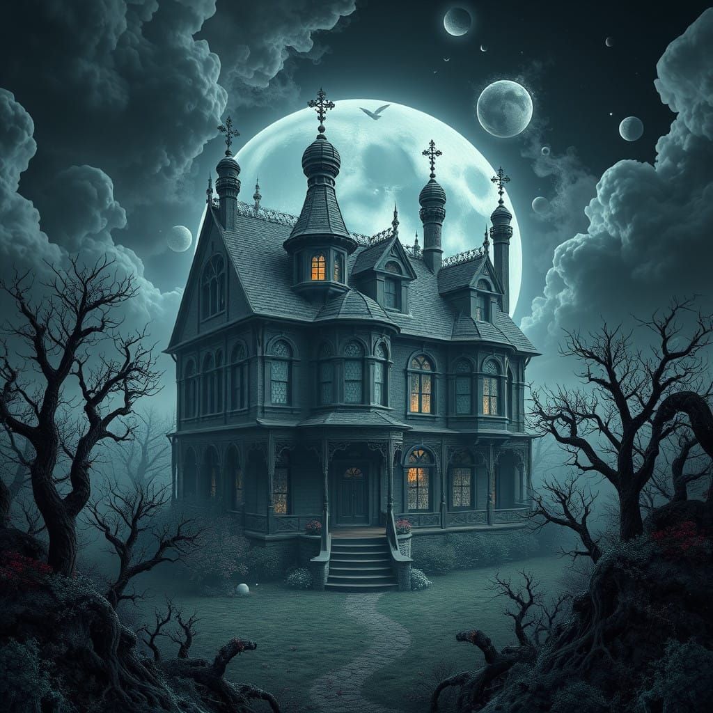 Gothic Mansion in Surreal Fractal Landscape