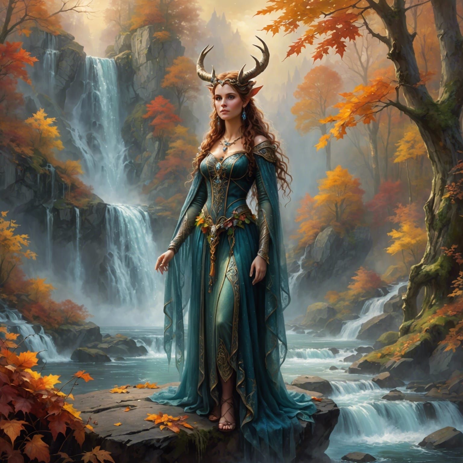 Fae Maiden by Crystal Waterfall in Autumn