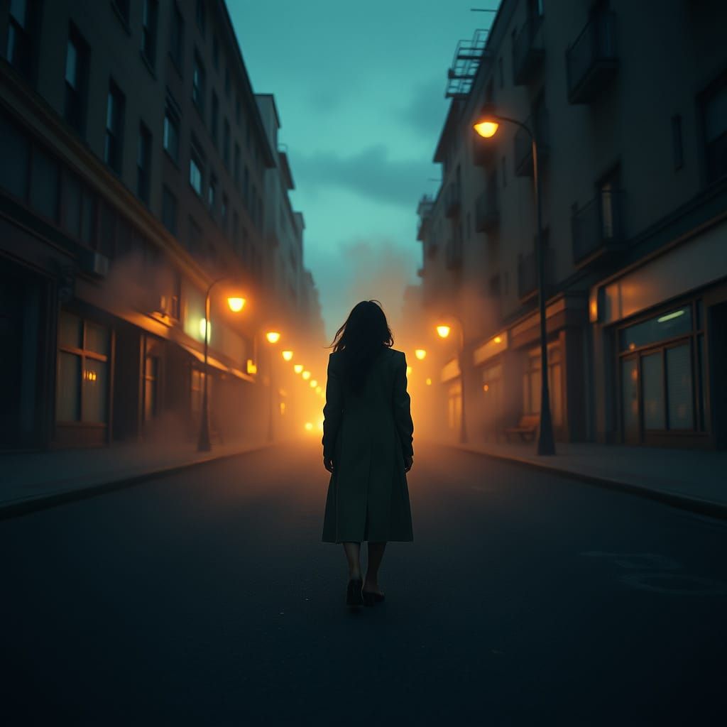 Woman in Ethereal Smoke on Deserted Street at Dusk