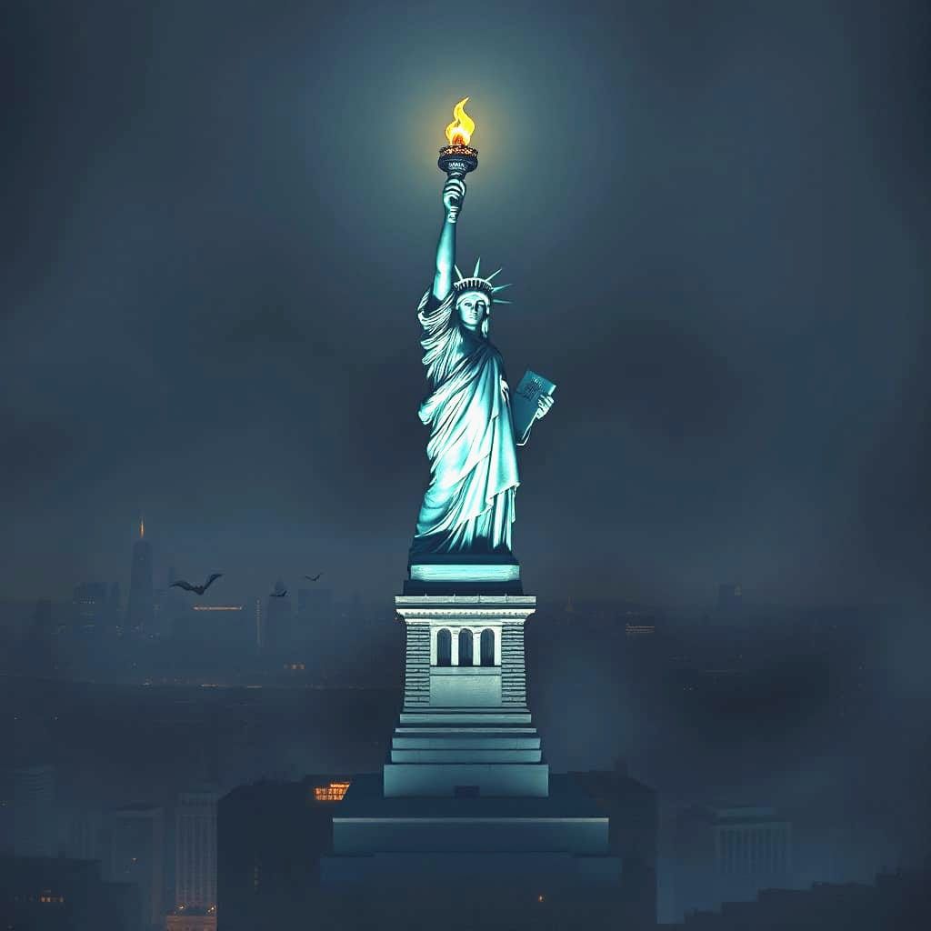 Statue of Liberty at Night with Flying Bats