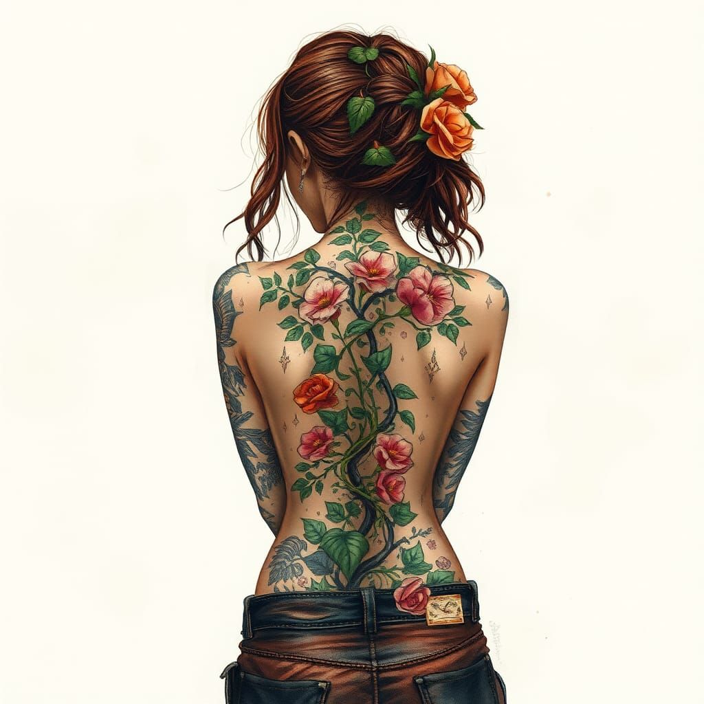 Grunge Punk Tattooed Woman in Watercolor Style