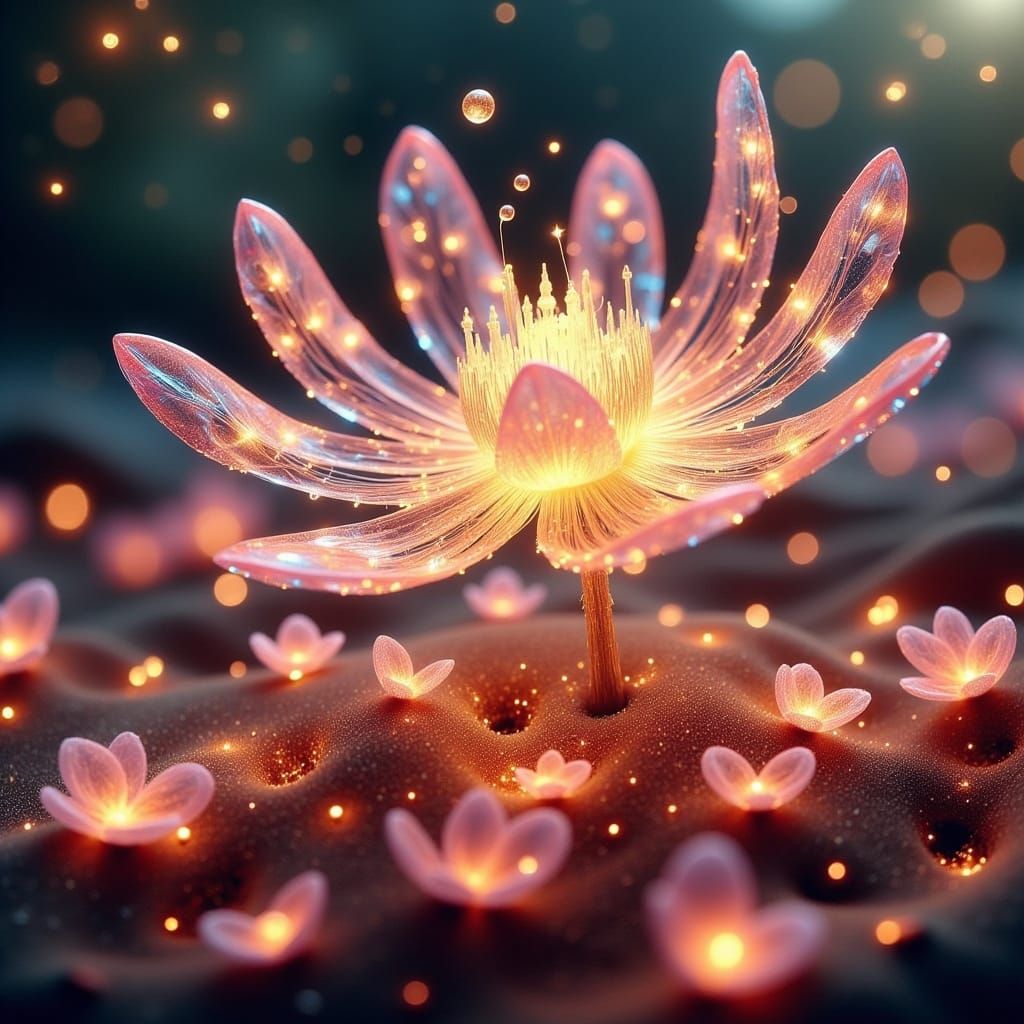 Enchanted Water Flower Blooms Amidst Whimsical Fairy Lights