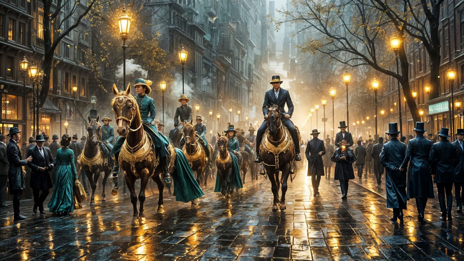 Steampunk London Parade in Twilight Mist Oil Painting