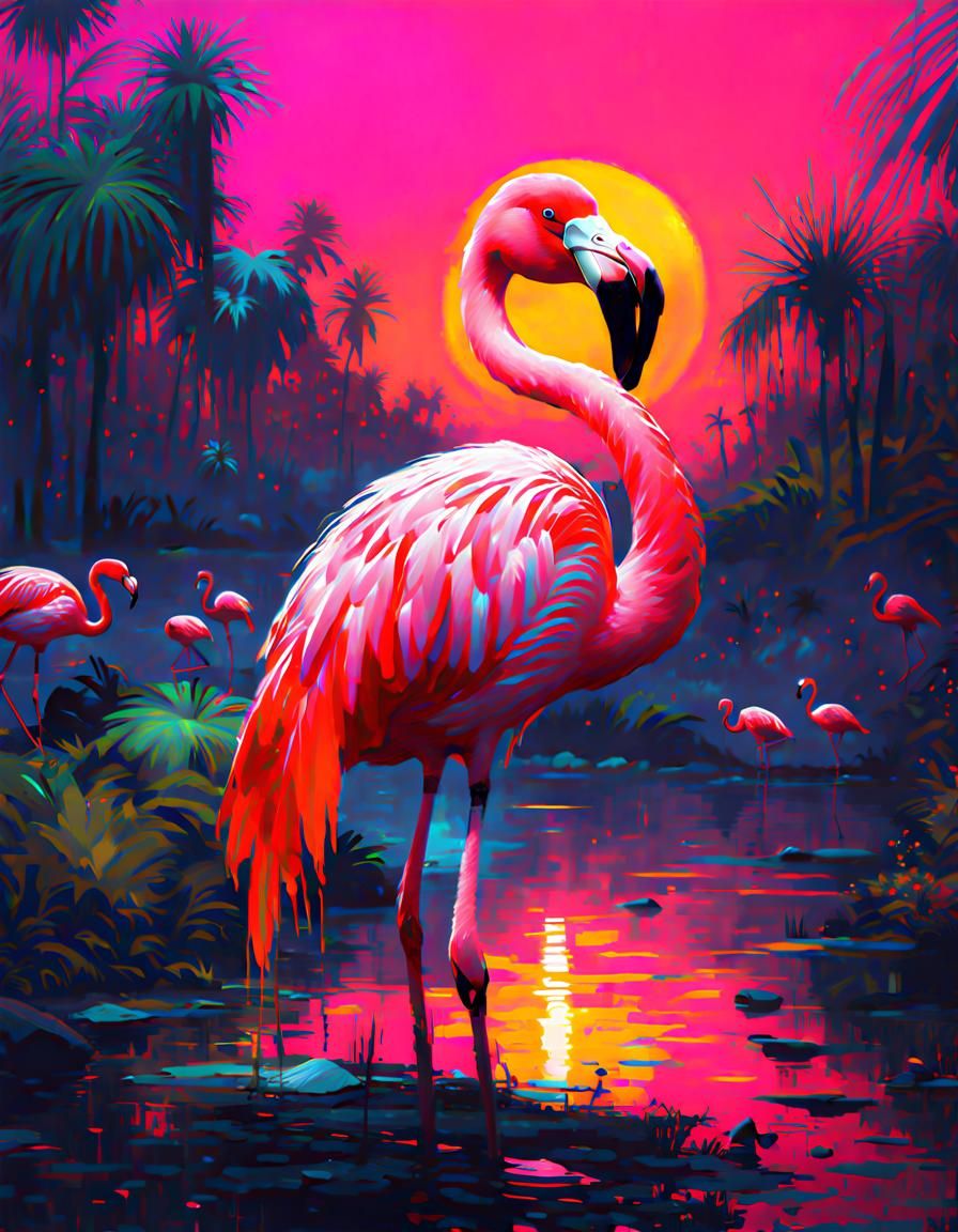 Iridescent Flamingo in Post-Impressionist Edo Style