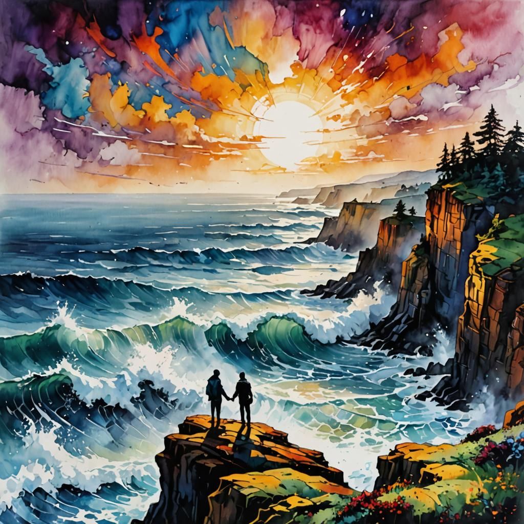 Couple on Cliff Under Moon in Pastel Art