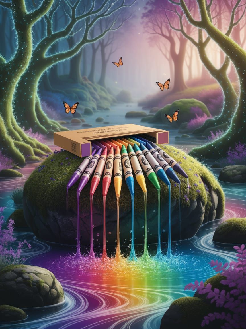 Magical Forest Clearing: Crayons Waterfall into Stream