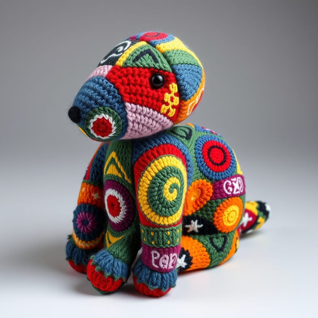 Cubist Knitted Plush Toy in Vibrant, Textured Patterns