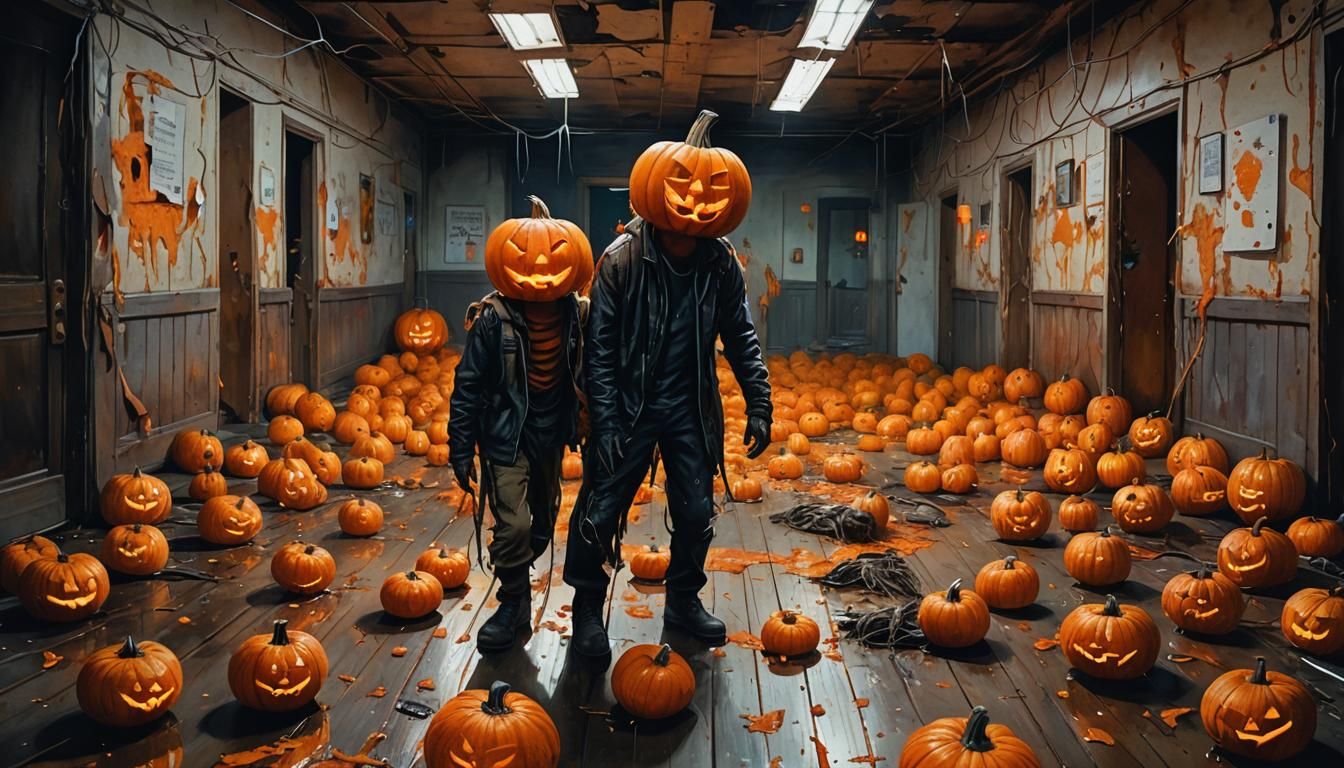 Watercolor Horror: Agonized Jack O'lanterns in Fluorescent H...