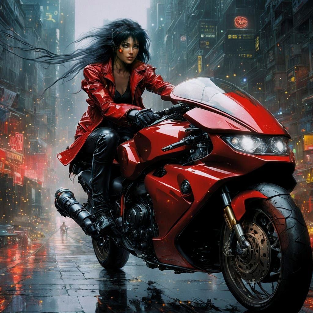 Cyberpunk Goddess Speeds Through a Neon Noir Metropolis