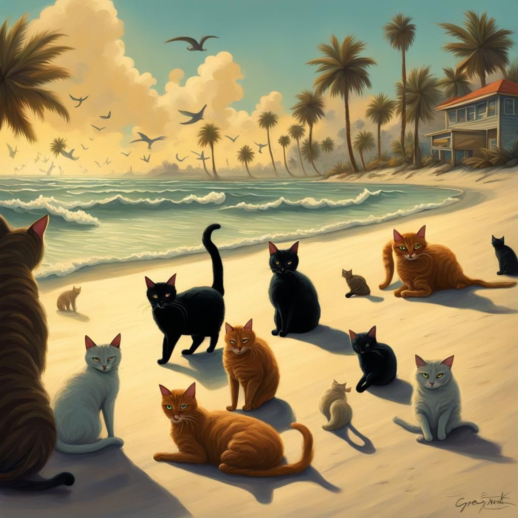 Surreal Cat Beach Paradise in Sinister Style