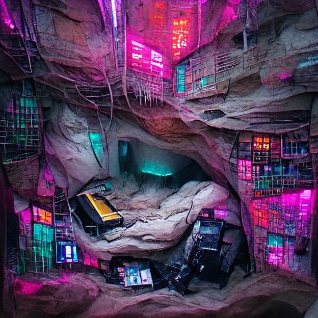Cyberpunk Cave Hideout: Futuristic Underground Scene