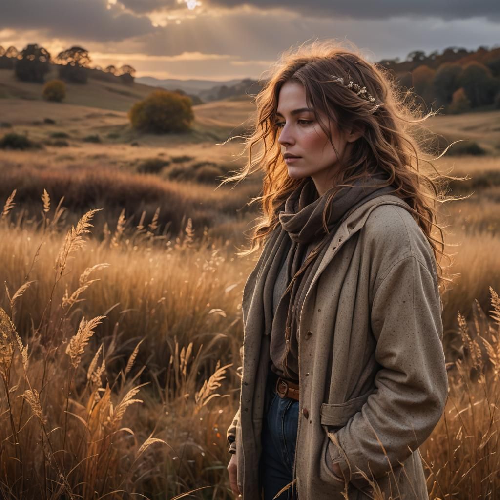 Girl in Autumn Meadow: Whimsical Digital Art