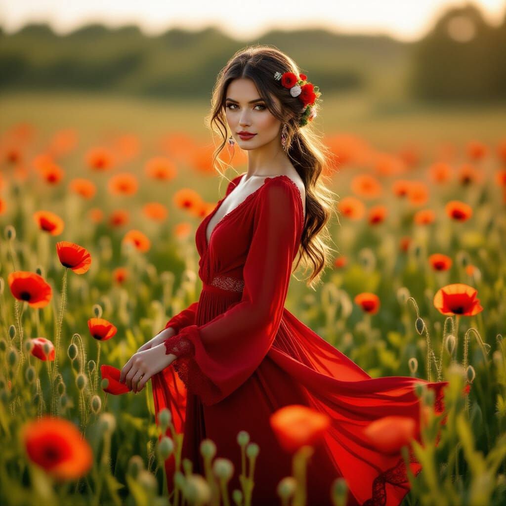 A woman in a flowing red dress stands gracefully among vibrant poppy flowers. Her hair is styled with flowers, and the a...