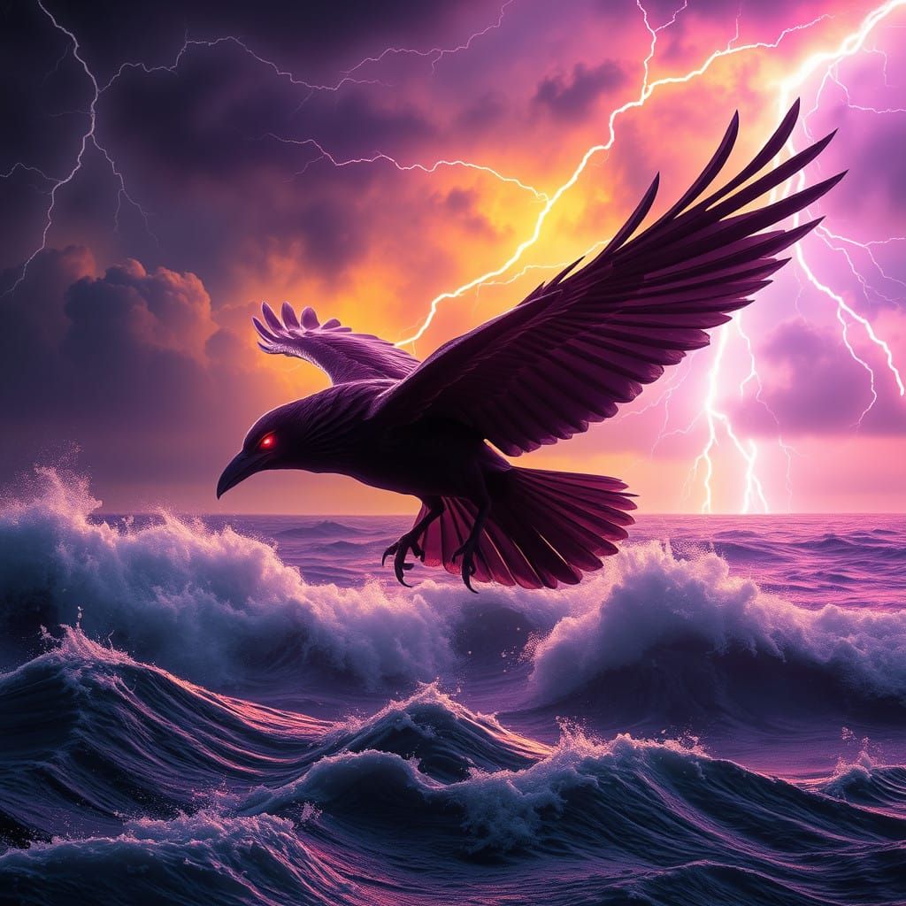 Mystical Raven Soars Above Tempestuous Seas